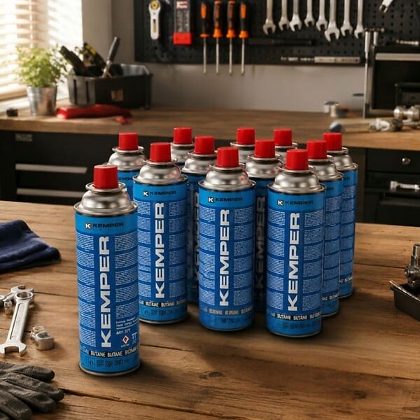KEMPER - Pack 12 Cartouches Gaz Butane 390 ml 227 g Valve Sécurité pour Réchaud Portable Chalumeau Lampe à Gaz KEMPER - large