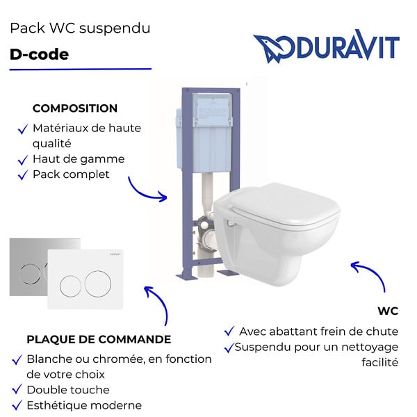 DURAVIT - Pack WC suspendu D-code avec abattant + bati support SIAMP + Plaque de commande blanche - large