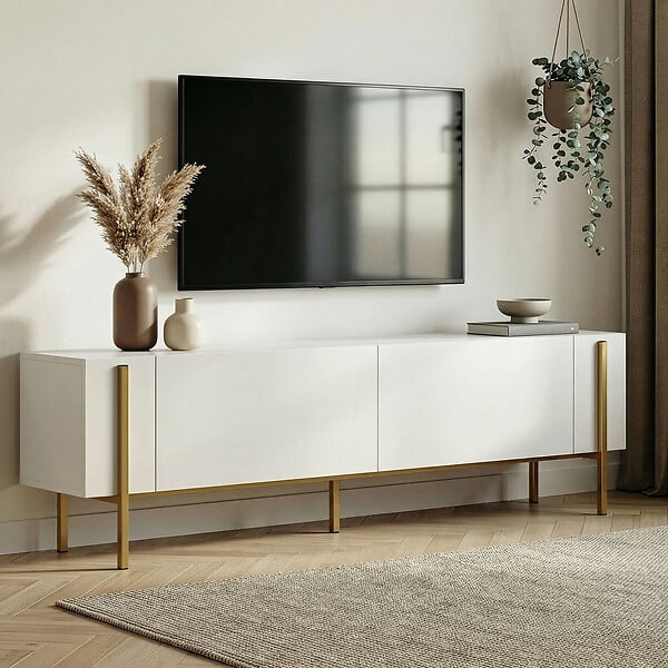 HABITAT ET JARDIN - Meuble TV en bois "Nexus" - 180 x 30 x 45 cm - Blanc / Or - large