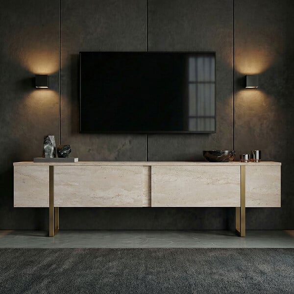 HABITAT ET JARDIN - Meuble TV en bois "Onera" - 180 x 30 x 50 cm - Travertin / Or - large