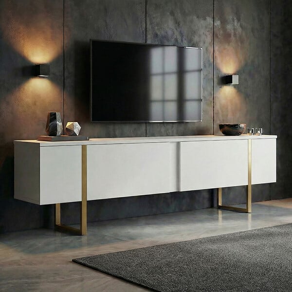 HABITAT ET JARDIN - Meuble TV en bois "Onera" - 180 x 30 x 50 cm - Blanc / Or - large