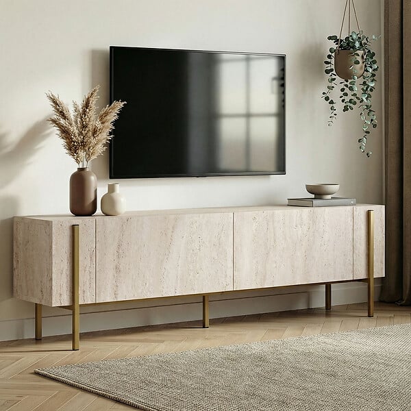 HABITAT ET JARDIN - Meuble TV en bois "Nexus" - 180 x 30 x 45 cm - Travertin / Or - large
