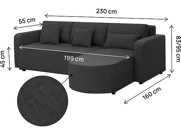 HABITAT ET JARDIN - Canapé d'angle convertible/réversible en tissu "Charles" - 3 places - Noir - large