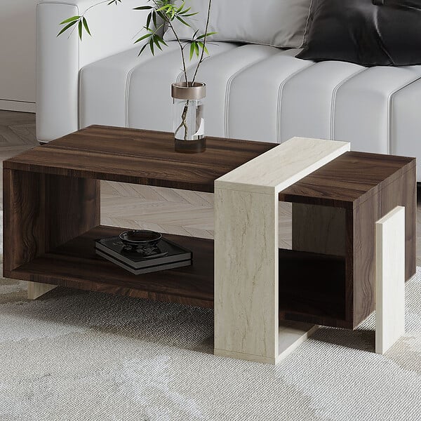 HABITAT ET JARDIN - Table basse en bois "Meleni" - 90 x 49 x 40 cm - Travertin - large