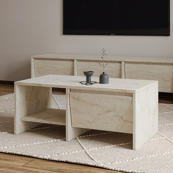 HABITAT ET JARDIN - Table basse en bois "Laris" - 90 x 45 x 35 cm - Travertin - large