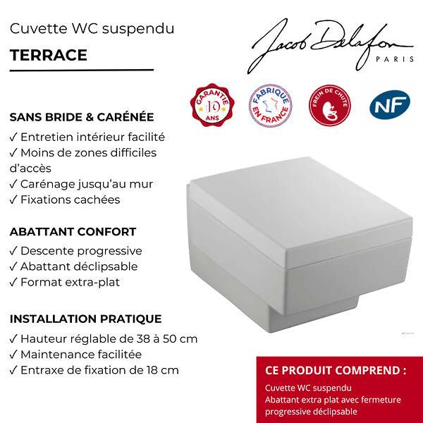 JACOB DELAFON - Cuvette WC suspendu Terrace avec abattant frein de chute déclipsable - large