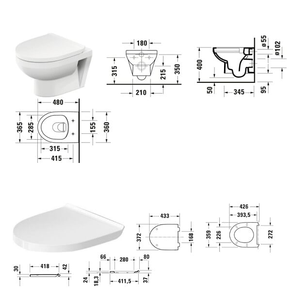 DURAVIT - Pack cuvette suspendue N°1 RIMLESS COMPACT (480 mm) - Profondeur: 480 mm - Hauteur: 400 mm - Largeur: 365 mm - Blanc - large