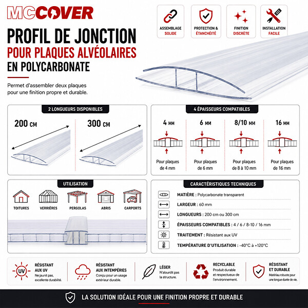 MCCOVER - Profil polycarbonate de jonction - ep.4 mm, L.200 cm - large