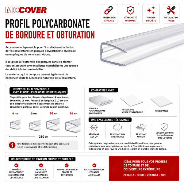 MCCOVER - Profil polycarbonate de bordure et obturation Transparent, ep.16 mm, L.210 cm - large