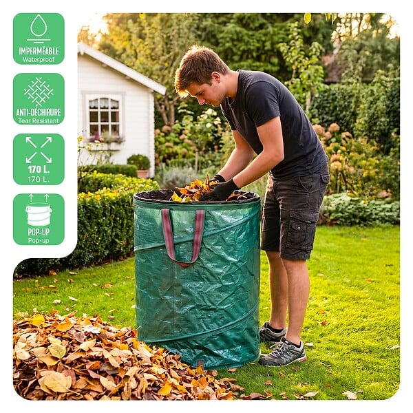 VOUNOT - Lot de 3 Sac de Jardin Pop up 170L en Polyéthylène avec Poignées - large