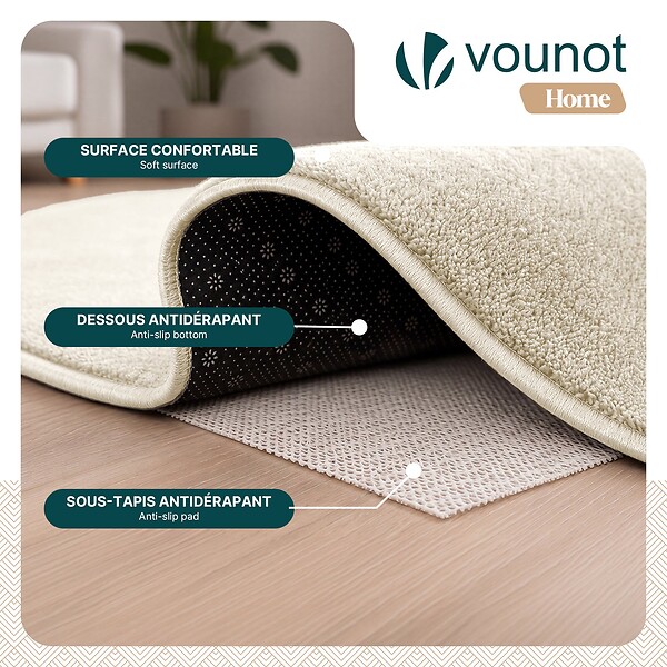 VOUNOT - Tapis de salon poils ras doux antiderapant 160x230cm uni beige - large