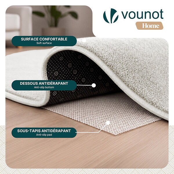 VOUNOT - Tapis de salon poils ras doux antiderapant 120x160cm uni crème - large