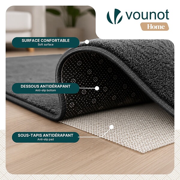 VOUNOT - Tapis de salon poils ras doux antiderapant 160x230cm uni anthracite - large