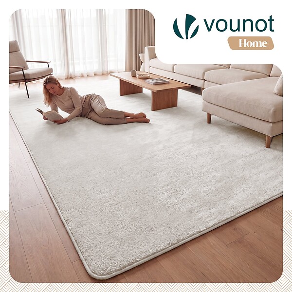VOUNOT - Tapis de salon poils ras doux antiderapant 240x340cm uni crème - large