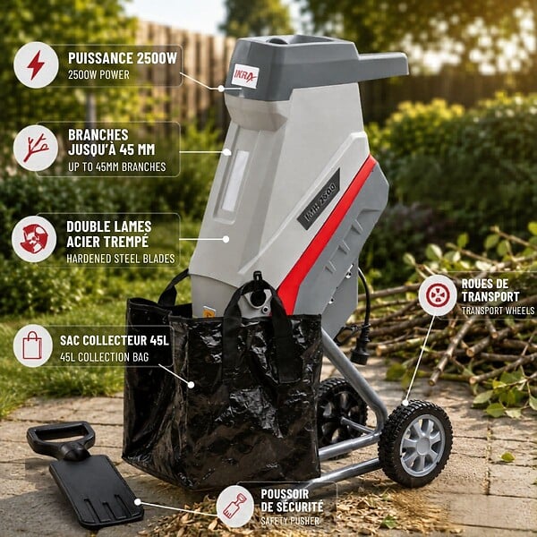 IKRA - Broyeur de végétaux électrique 2500W Sac 45L 2 Lames acier trempé Branches jusqu'à 45mm IKRA - large