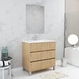 AURLANE - Pack Meuble Salle de Bains 80cm Chêne Clair 3 Tiroirs, Vasque, Miroir 60x80 et réglette Led - XENOS - vignette