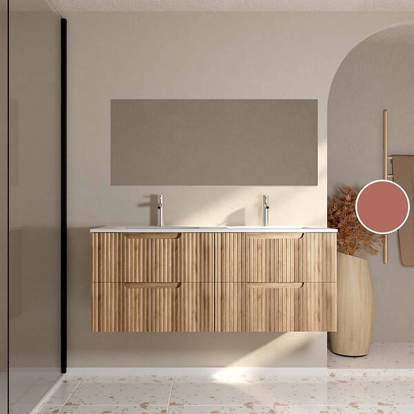AURLANE - Meuble de Salle de Bains LEON 120cm Décor Bois - 4 Tiroirs en MDF Ondulés - Vasque à encastrer - large