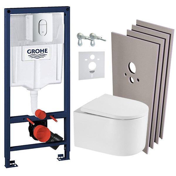GROHE - Pack WC Bâti Rapid SL + WC sans bride SAT Vortex + Abattant SoftClose + Plaque chrome + Set d'habillage (ARENADELANOTQSB) - large