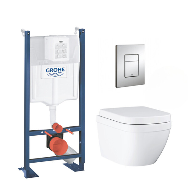 GROHE - Pack WC Euro Ceramic Cuvette Compact Triple Vortex + Rapid SL autoportant NF + plaque chrome (ProjectEuroCompact-1/BP) - large