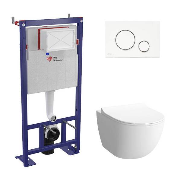 SWISS AQUA TECHNOLOGIES - Pack WC bâti-autoportant + WC SAT infinitio sans bride fixations invisibles + Abattant softclose + Plaque blanche/chrome - large