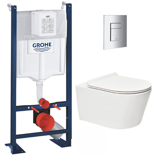 GROHE - Pack WC Bâti autoportant + WC sans bride SAT Brevis + Abattant ultra-fin softclose + Plaque chrome (ProjectBrevis-1) - large