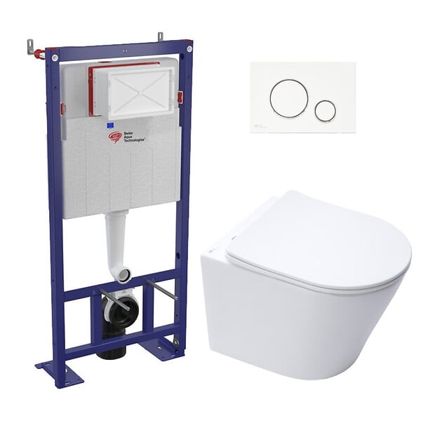 SWISS AQUA TECHNOLOGIES - Pack WC bâti-autoportant + WC SAT infinitio sans bride fixations invisibles + Abattant softclose + Plaque blanche/chrome - large