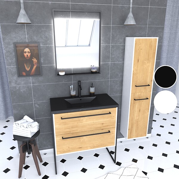 AURLANE - Meuble Salle de Bains 80 cm, Vasque Noire, Miroir Led et Colonne - Blanc et Chêne - STRUCTURA - large
