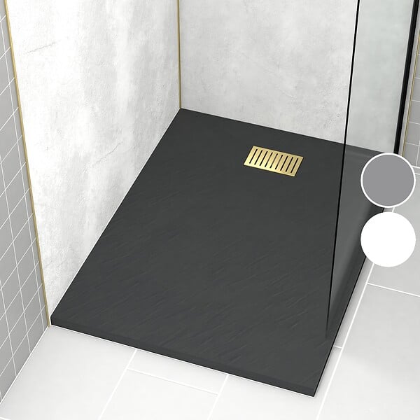AURLANE - Receveur de douche Noir Effet Pierre 90x120 cm et Grille décor Linéaire Or Doré Brossé - large