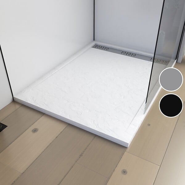 AURLANE - Receveur en acrylique Blanc Effet Pierre 90x120x4 cm - Grille Linéaire Chrome - MOON - large
