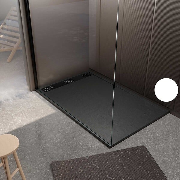 AURLANE - Receveur de douche en résine noir 90x140x3 cm effet pierre granit + grille linéaire noire mate - large