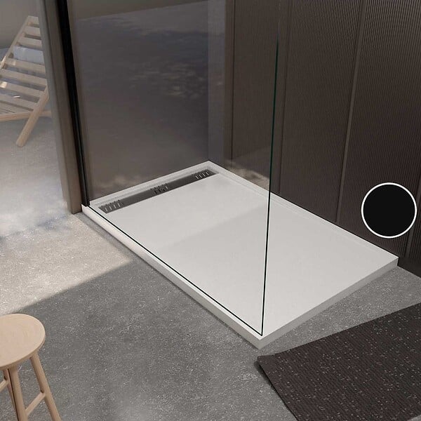 AURLANE - Receveur de douche en résine blanc 90x140x3 cm effet pierre granit + grille linéaire Chrome - large