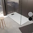 AURLANE - Receveur de douche Blanc Effet Pierre 90x140 cm et Grille décor Linéaire Noire Mate - vignette