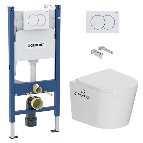 GEBERIT - Pack WC bâti-support Duofix 112cm + WC suspendu Ceramia Vortex rimless + abattant SoftClose + plaque blanche (CETORGEB3) - large