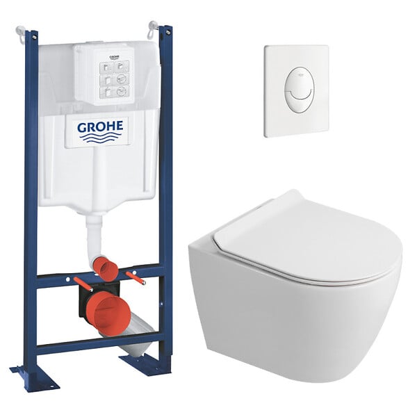 GROHE - Rapid SL Pack WC bâti autoportant + WC suspendu sans bride Ceramia avec abattant SoftClose + plaque blanche (GRRCEPXWR05FR-FS) - large