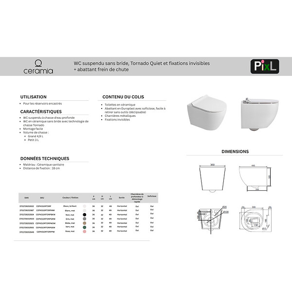 CERAMIA - PixL WC suspendu en céramique Vortex , fixations invisibles + abattant Soft-Close, Blanc mat (CEPX010RTORPWM) - large