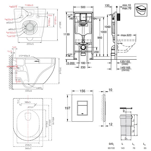 GROHE - Pack WC Bâti-support Rapid SL + WC SAT Vortex sans bride + Abattant SoftClose + Plaque noire matte (RSLVORTEXKF0) - large