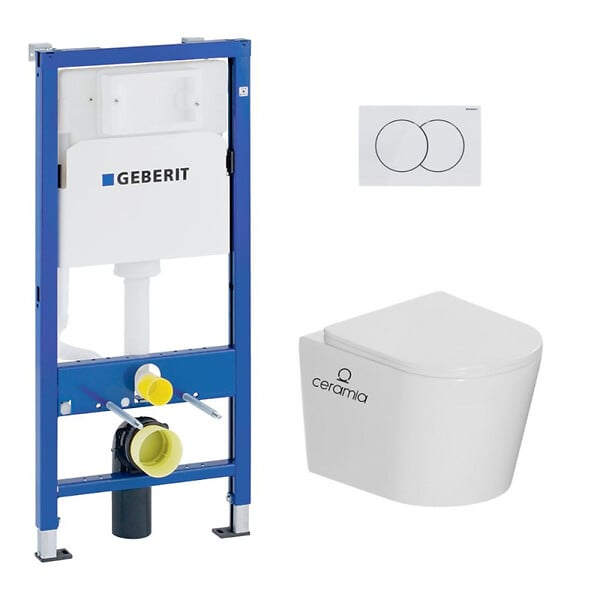 GEBERIT - Pack WC bâti-support Duofix UP100 + WC suspendu Ceramia Vortex rimless + abattant SoftClose + plaque blanche (GEBCE14WT01FR-FS) - large
