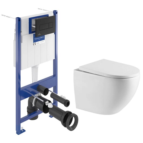 VILLEROY & BOCH - Pack WC Bâti-support sol mur Villeroy & Boch + WC sans bride SAT Vortex + Abattant SoftClose + Plaque noire (VCNVORTEX4) - large