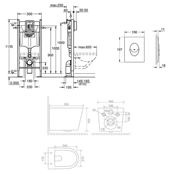 GROHE - Rapid SL pack WC bâti-support autoportant + WC suspendu sans bride Ceramia avec abattant SoftClose + plaque (GRRCE14WT02MAN-FR) - large