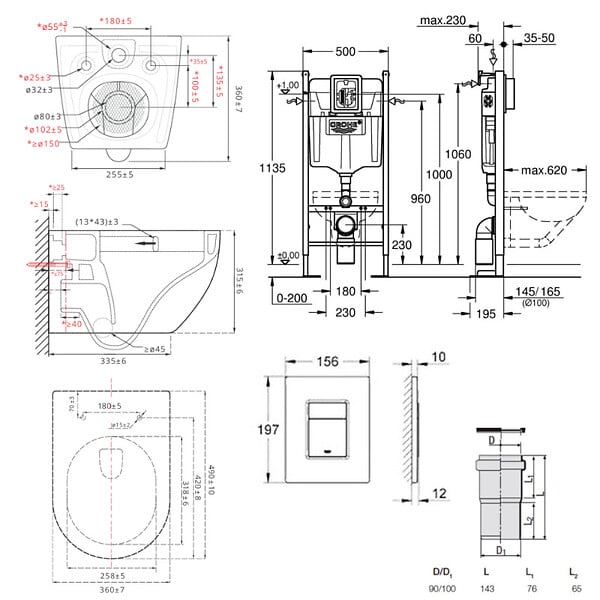 GROHE - Pack WC Bâti-support autoportant Rapid SL + WC SAT Vortex sans bride + Abattant SoftClose + Plaque chrome (PROVORTEX1) - large