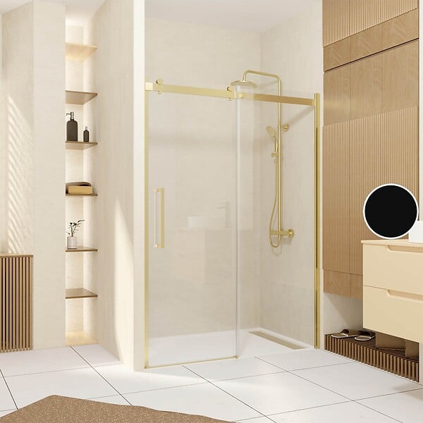 AURLANE - Porte de Douche Coulissante Type Industriel 140x200 cm - Finition Or Doré Brossé - Verre Trempé 6 mm - large
