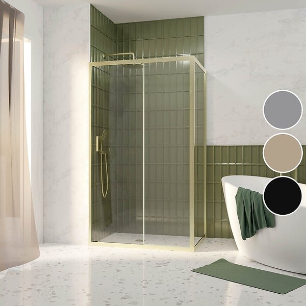 AURLANE - Pack Porte de Douche Coulissante 120x200cm et Retour 80cm - Profilés Or Doré Brossé - Verre 6mm - large