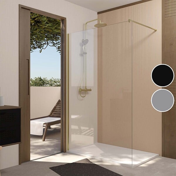 AURLANE - Paroi de Douche 140x195 cm en Verre Trempé 5 mm - Finition Or Brossé - GOLD ELEMENTARY - large