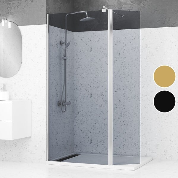 AURLANE - Paroi de Douche et Volet Pivotant 90+40x200cm - Verre Fumé + Barre Fixation Chrome - large