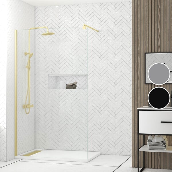 AURLANE - Paroi de Douche 120x200cm - Profilé + Bras extensible + Colonne de douche Thermostatique Or Brossé - large