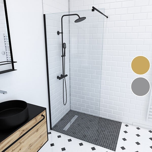 AURLANE - Paroi de Douche 80x200cm Verre Transparent - Barre de Fixation Extensible et Profil Noir - large
