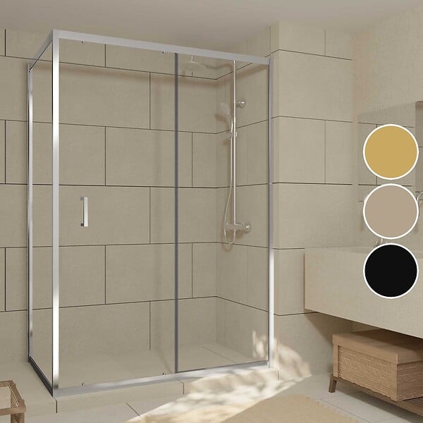 AURLANE - Porte de Douche Coulissante et Retour 140x90x200cm - Profilés Chrome - Verre trempé 6mm - large