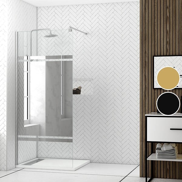 AURLANE - Paroi de Douche avec Bande Miroir 100x200cm - Verre 8mm - Profilé Chrome - FREEDOM 2 MIRROR - large
