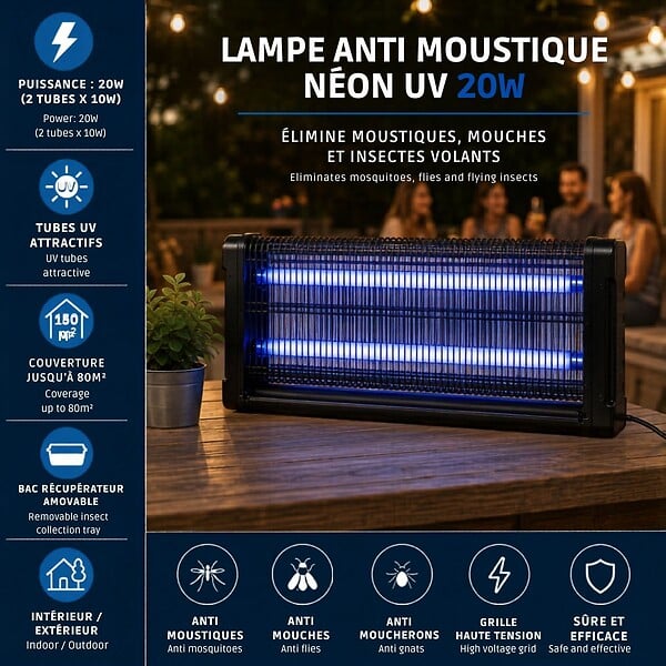 INTEC - Lampe Anti Moustique Néon UV 20W Intérieur/Extérieur Piège à Insectes 80m² Grille Haute Tension Anti Mouches Insectes volants - large