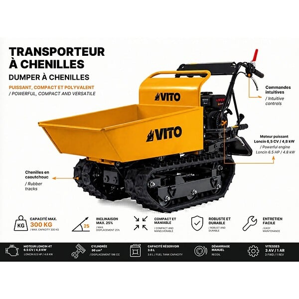 VITO - Mini Dumper à chenilles Moteur Loncin 196Cm3 Essence 6.5CV - Brouette à chenilles Transport Charge 300kg 4.8KW Chantier VITO - large
